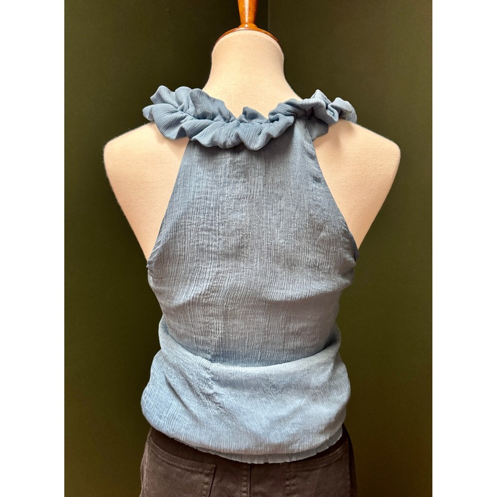 Elena Solano Blue Sleeveless Ruffle Neck Smocked Waist Blouse Women's Size S - Picture 2 of 8